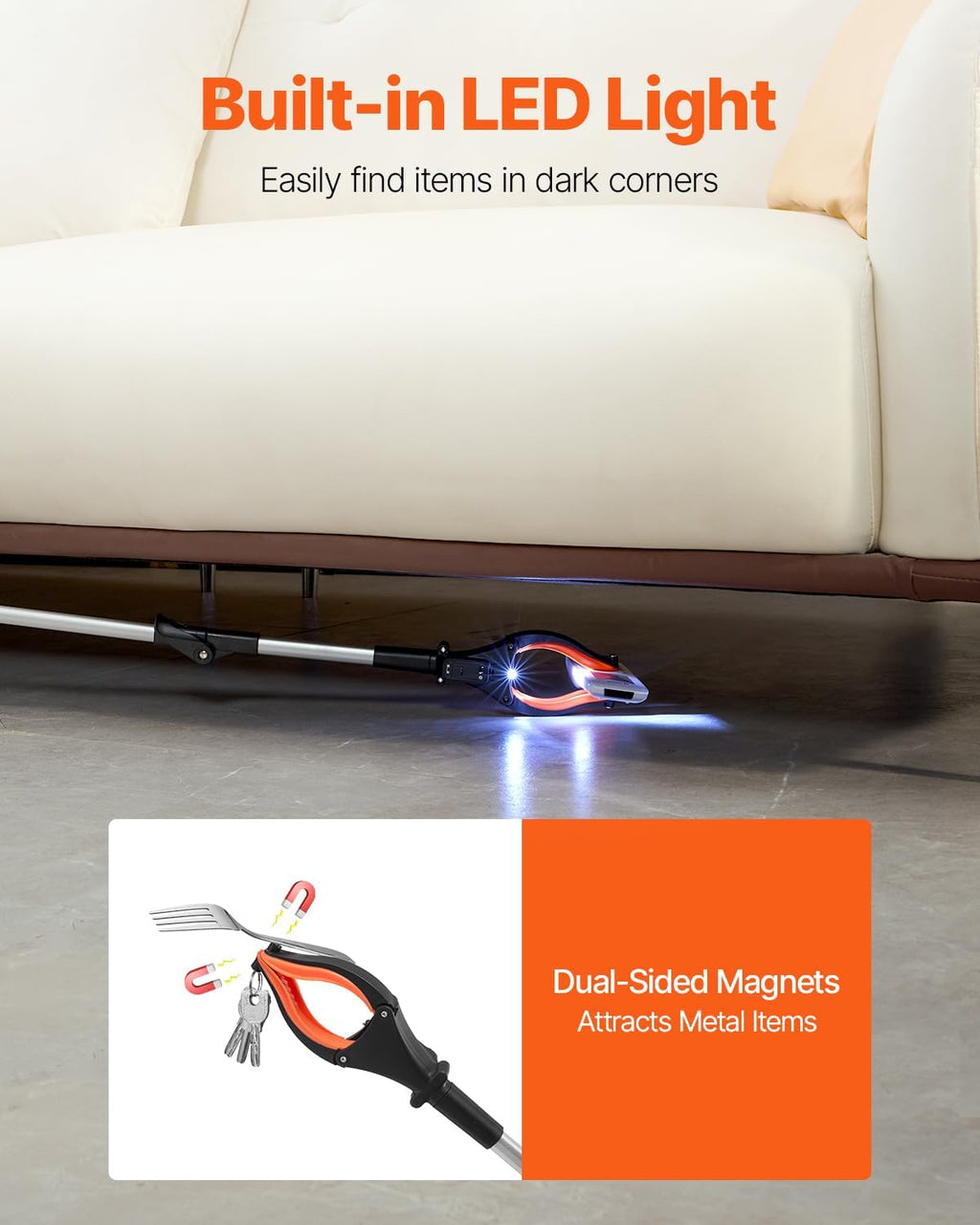 43" Foldable Grabber Reacher Tool with LED Light & Magnetic Tip