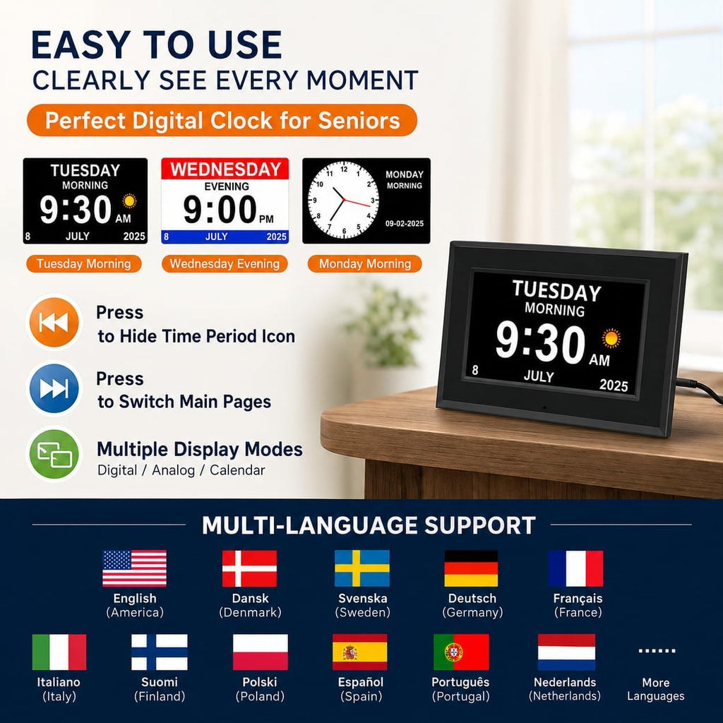 7" Digital Day & Date Clock for Seniors with Reminders & Alarms