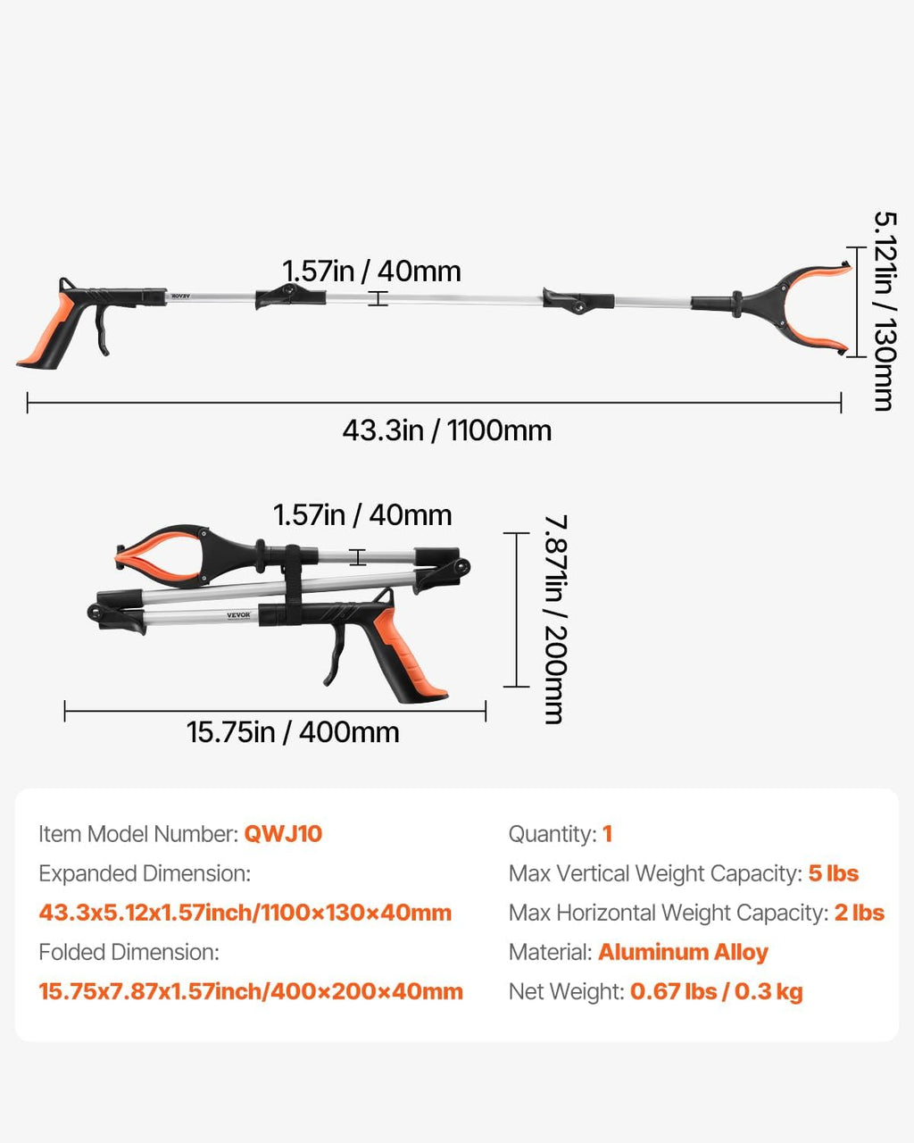 43" Foldable Grabber Reacher Tool with LED Light & Magnetic Tip