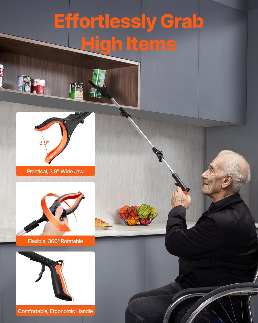 43" Foldable Grabber Reacher Tool with LED Light & Magnetic Tip