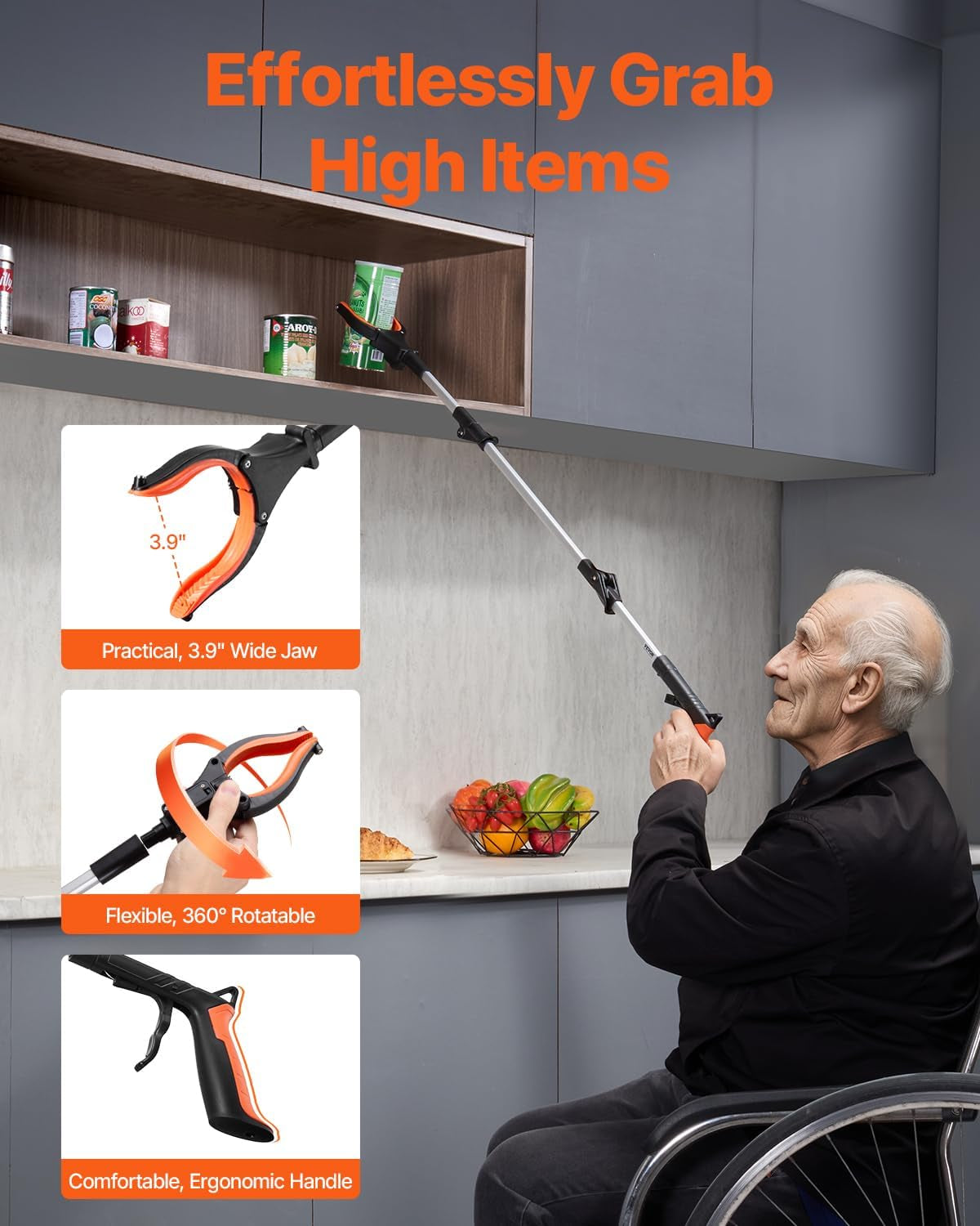 43" Foldable Grabber Reacher Tool with LED Light & Magnetic Tip