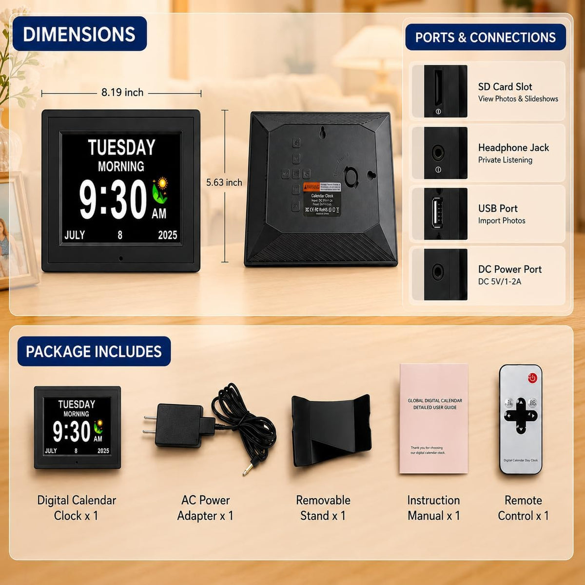 7" Digital Day & Date Clock for Seniors with Reminders & Alarms