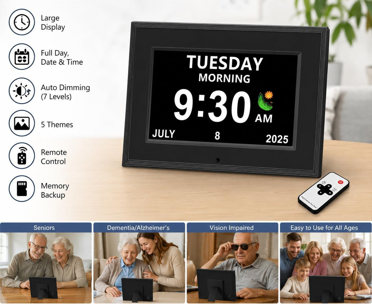 7" Digital Day & Date Clock for Seniors with Reminders & Alarms