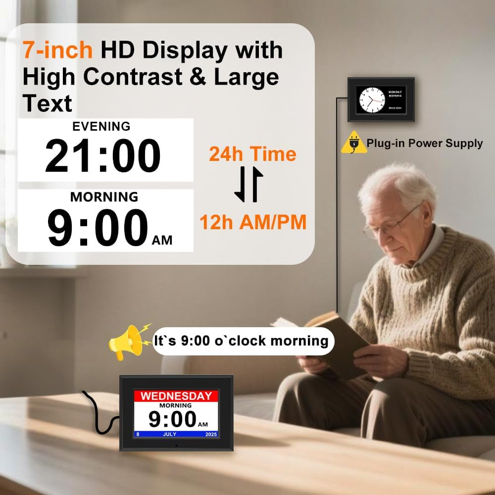 7" Digital Day & Date Clock for Seniors with Reminders & Alarms